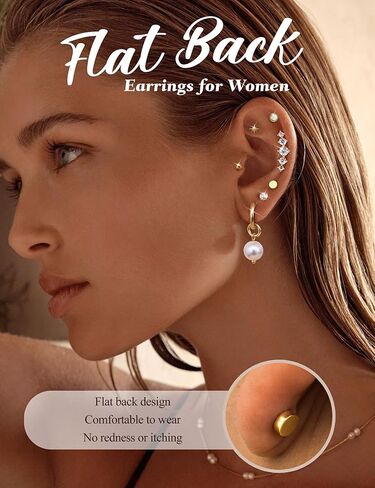 ORAZIO 16G Cartilage Earrings for Women - 14K Gold Plated Flat Back Earrings Hypoallergenic Surgical Stainless Steel Stud Hoop Earrings Set for Sensitive Ears Daith Conch Tragus Helix Piercing Jewelry in Saudi Arabia