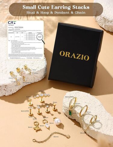 ORAZIO 16G Cartilage Earrings for Women - 14K Gold Plated Flat Back Earrings Hypoallergenic Surgical Stainless Steel Stud Hoop Earrings Set for Sensitive Ears Daith Conch Tragus Helix Piercing Jewelry in Saudi Arabia