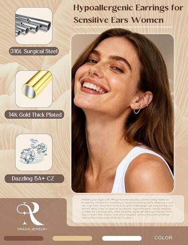 ORAZIO 16G Cartilage Earrings for Women - 14K Gold Plated Flat Back Earrings Hypoallergenic Surgical Stainless Steel Stud Hoop Earrings Set for Sensitive Ears Daith Conch Tragus Helix Piercing Jewelry in Saudi Arabia
