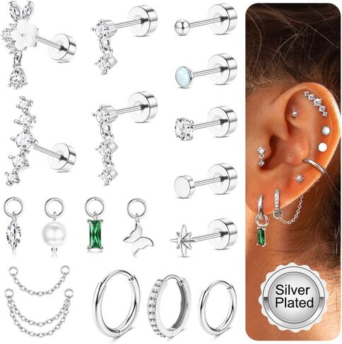 ORAZIO 16G Cartilage Earrings for Women - 14K Gold Plated Flat Back Earrings Hypoallergenic Surgical Stainless Steel Stud Hoop Earrings Set for Sensitive Ears Daith Conch Tragus Helix Piercing Jewelry in Saudi Arabia