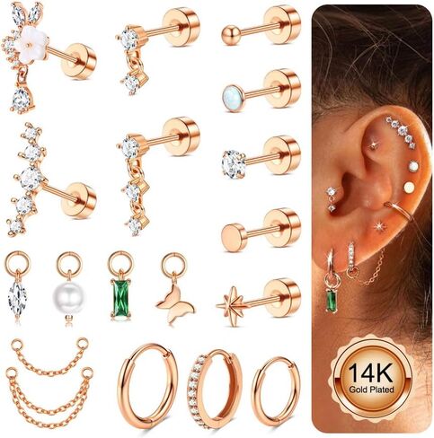 ORAZIO 16G Cartilage Earrings for Women - 14K Gold Plated Flat Back Earrings Hypoallergenic Surgical Stainless Steel Stud Hoop Earrings Set for Sensitive Ears Daith Conch Tragus Helix Piercing Jewelry in Saudi Arabia