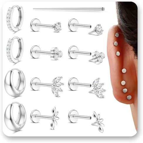 6 Pairs Flat Back Stud Earrings Set for Women Hypoallergenic Surgical Steel 14K Gold Filled Internal Thread CZ Hoop Stud Piercing Jewelry for Cartilage Helix Tragus Labret Lip Nose Rings 16G 20G in Kuwait