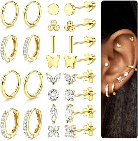 JeryWe 12Pairs Flat Back Earrings Surgical Steel Earrings for Sensitive Ears Dainty 14K Gold Plated Flat Back Stud Earring Set Hypoallergenic in Saudi Arabia