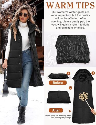 Women's Long Puffer Vest Sleeveless Jacket Fall Winter Zip Up Coat with Removable Hood Quilted Casual Warm Gilet in Saudi Arabia