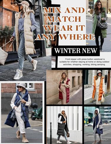 Women's Long Puffer Vest Sleeveless Jacket Fall Winter Zip Up Coat with Removable Hood Quilted Casual Warm Gilet in Saudi Arabia