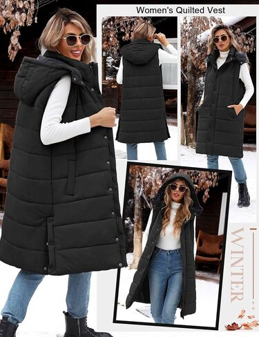 Women's Long Puffer Vest Sleeveless Jacket Fall Winter Zip Up Coat with Removable Hood Quilted Casual Warm Gilet in Saudi Arabia