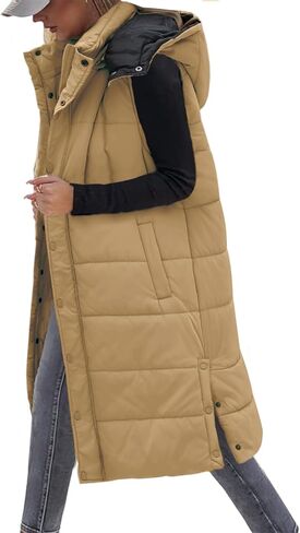 Women's Long Puffer Vest Sleeveless Jacket Fall Winter Zip Up Coat with Removable Hood Quilted Casual Warm Gilet in Saudi Arabia
