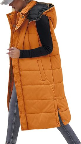 Women's Long Puffer Vest Sleeveless Jacket Fall Winter Zip Up Coat with Removable Hood Quilted Casual Warm Gilet in Saudi Arabia