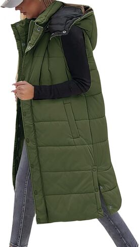 Women's Long Puffer Vest Sleeveless Jacket Fall Winter Zip Up Coat with Removable Hood Quilted Casual Warm Gilet in Saudi Arabia