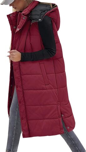 Women's Long Puffer Vest Sleeveless Jacket Fall Winter Zip Up Coat with Removable Hood Quilted Casual Warm Gilet in Saudi Arabia
