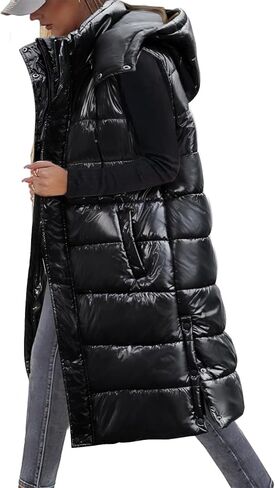 Women's Long Puffer Vest Sleeveless Jacket Fall Winter Zip Up Coat with Removable Hood Quilted Casual Warm Gilet in Saudi Arabia