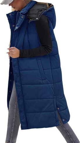 Women's Long Puffer Vest Sleeveless Jacket Fall Winter Zip Up Coat with Removable Hood Quilted Casual Warm Gilet in Saudi Arabia