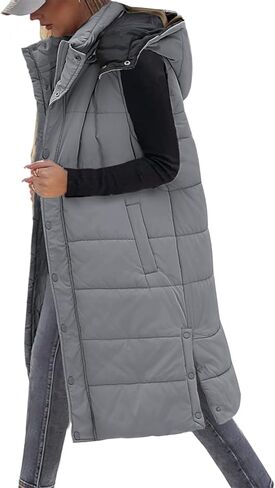 Women's Long Puffer Vest Sleeveless Jacket Fall Winter Zip Up Coat with Removable Hood Quilted Casual Warm Gilet in Saudi Arabia