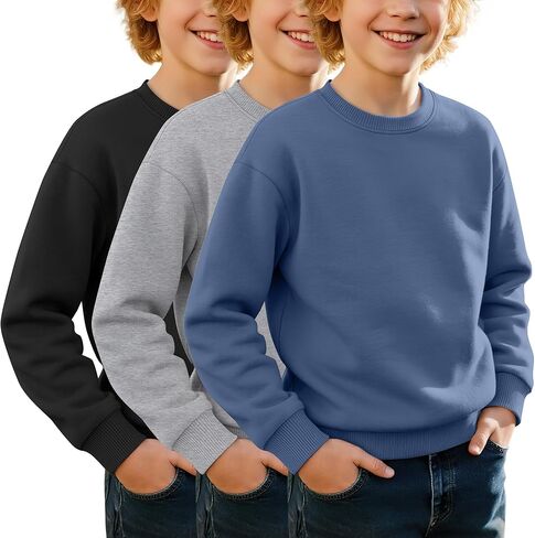 3 Pack Boys' Cotton Blend Sweatshirt, Crew Neck Long Sleeve Pullover, Youth Basic Fall Winter Sweatshirt in Kuwait