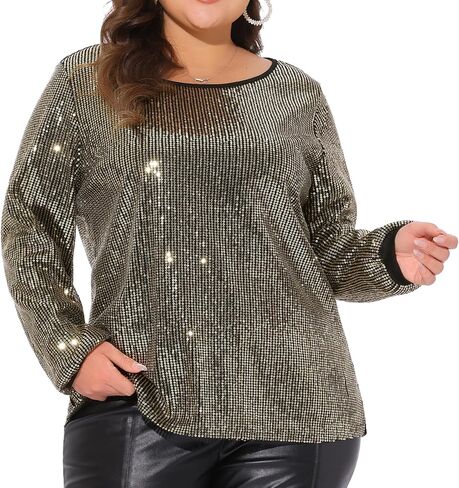 Agnes Orinda Plus Size Sequin Top for Women Long Sleeve Glitter Concert Party Disco Sparkly Shirt Blouse in Kuwait