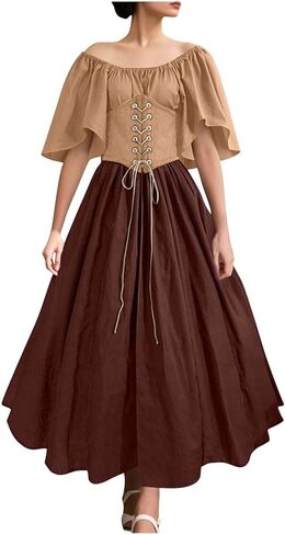 Medieval Costume Women Renaissance Dress Ball Gown Patchwork Peasant Flare Sleeve Medieval Gothic Dress with Corset in Saudi Arabia