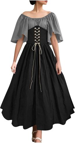 Medieval Costume Women Renaissance Dress Ball Gown Patchwork Peasant Flare Sleeve Medieval Gothic Dress with Corset in Saudi Arabia