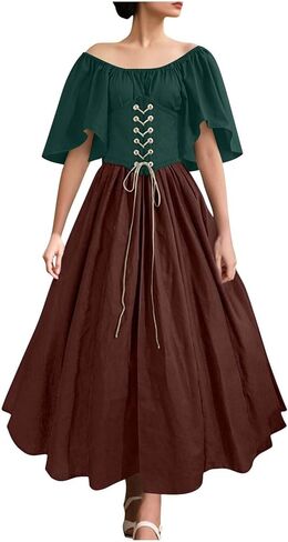 Medieval Costume Women Renaissance Dress Ball Gown Patchwork Peasant Flare Sleeve Medieval Gothic Dress with Corset in Saudi Arabia