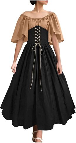 Medieval Costume Women Renaissance Dress Ball Gown Patchwork Peasant Flare Sleeve Medieval Gothic Dress with Corset in Saudi Arabia