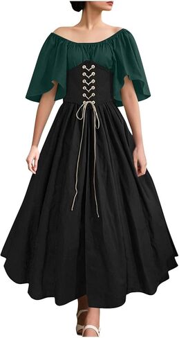 Medieval Costume Women Renaissance Dress Ball Gown Patchwork Peasant Flare Sleeve Medieval Gothic Dress with Corset in Saudi Arabia