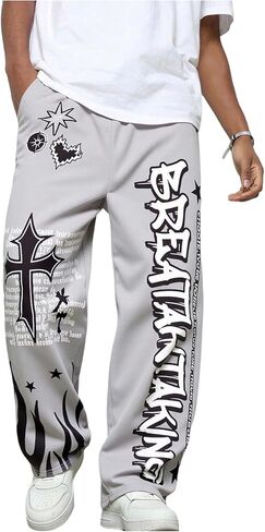 Boy's Letter Graphic Sweatpants Wide Leg Elastic Waist Drippy Pants Street Trousers with Pockets in Saudi Arabia