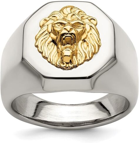 Stainless Steel with 14k Gold Accent Polished Lion Head Ring Size 9 to 12 in Saudi Arabia