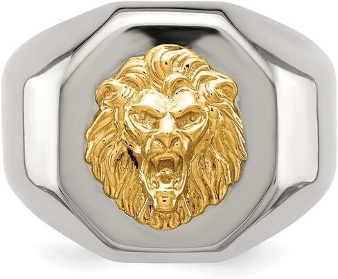 Stainless Steel with 14k Gold Accent Polished Lion Head Ring Size 9 to 12 in Saudi Arabia