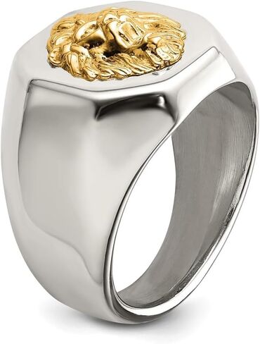 Stainless Steel with 14k Gold Accent Polished Lion Head Ring Size 9 to 12 in Saudi Arabia