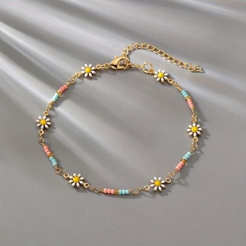 A Small and Exquisite Thin Chain Anklet, with Mini Rice Beads Flower Shape, Simple Elegant in Saudi Arabia