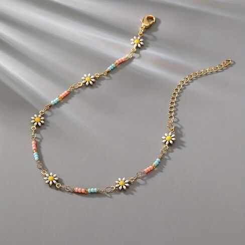 A Small and Exquisite Thin Chain Anklet, with Mini Rice Beads Flower Shape, Simple Elegant in Saudi Arabia