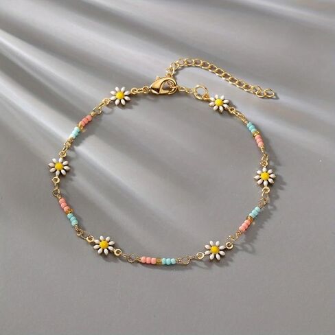 A Small and Exquisite Thin Chain Anklet, with Mini Rice Beads Flower Shape, Simple Elegant in Saudi Arabia
