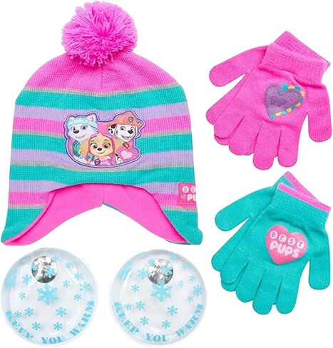 Nicklelodeon Paw Patrol Girls Winter Hat and 2 Pair Mittens or Gloves (Age 2-7), Size Age 4-7, Paw Patrol Pink/Green Glove with Handwarmers in Saudi Arabia