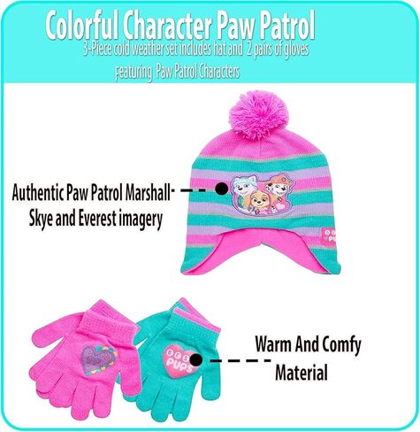 Nicklelodeon Paw Patrol Girls Winter Hat and 2 Pair Mittens or Gloves (Age 2-7), Size Age 4-7, Paw Patrol Pink/Green Glove with Handwarmers in Saudi Arabia