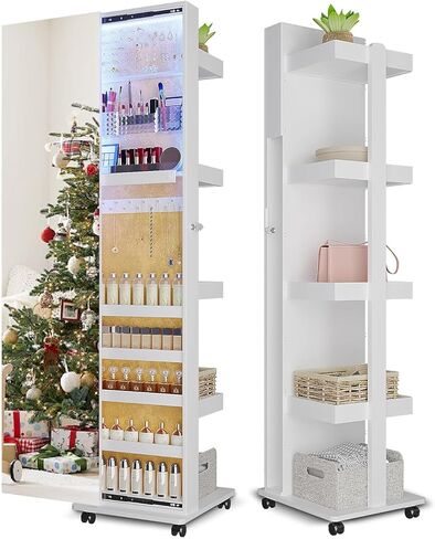 Lvifur Jewelry Cabinet with LED Mirror - Side Sliding Door Jewelry Armoires for Bedroom,Standing Jewelry Organizer with Full Length Mirror&3 Photo Frames&Drawer&Movable Wheels for Cloakroom,White in Kuwait