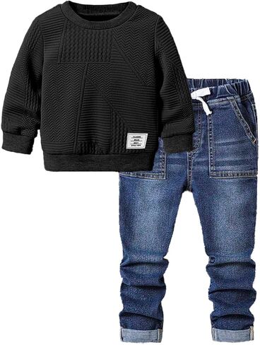 Long-sleeved textured sweatshirt + jeans, suitable for boys with a height of 100-140 cm, casual two-piece suit in Saudi Arabia