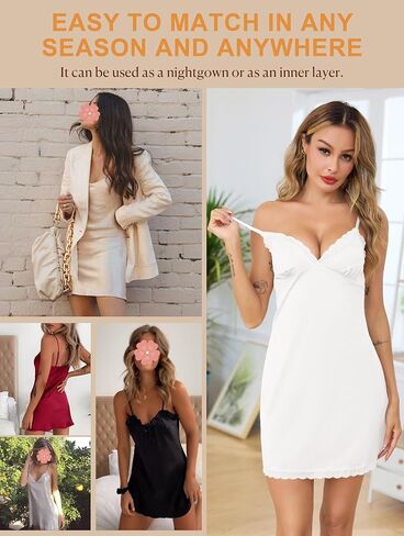 Vlazom Women's Full Slip Under Dress Adjustable Spaghetti Strap Slip Dress V-Neck Lace Knee Length Camisole S-3XL in Saudi Arabia