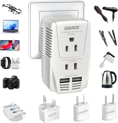 DOACE 2000W 220V to 110V Converter, Travel Voltage Converter Adapter Combo for Hair Dryer Straightener Curling Iron Laptop Tablet Cell Phone Camera, 10A Power Plug Adapters US to Europe/UK/AU/Asia in Saudi Arabia
