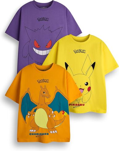 Pokemon Boys T-Shirt Pack of 3 | Multicolor Short Sleeve Graphic Tee Bundle | Pikachu Charizard Gengar Gaming Multi-Pack in Saudi Arabia