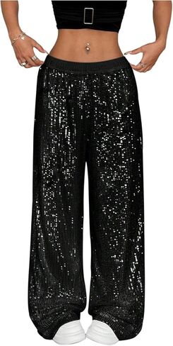 MakeMeChic Girl's Glitter Sequin Elastic Waist Pants Straight Leg Loose Fitted Trousers Clubwear in Saudi Arabia