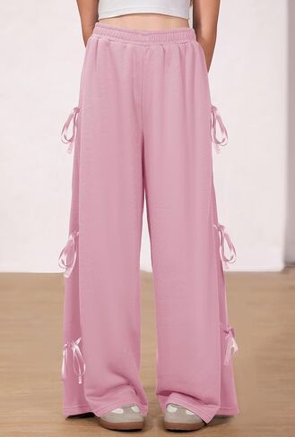 بنات كبيرة الخريف لطيف Bowknot الجانب الجانب فضفاض السراويل الترنك كتلة اللون واسعة الساق بنطلون وردي فاتح 13-14 سنة in Saudi Arabia