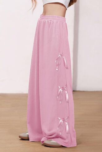 بنات كبيرة الخريف لطيف Bowknot الجانب الجانب فضفاض السراويل الترنك كتلة اللون واسعة الساق بنطلون وردي فاتح 13-14 سنة in Saudi Arabia