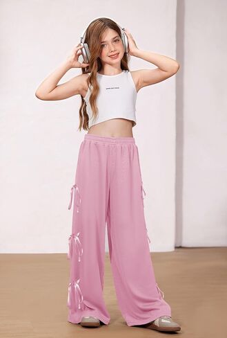 بنات كبيرة الخريف لطيف Bowknot الجانب الجانب فضفاض السراويل الترنك كتلة اللون واسعة الساق بنطلون وردي فاتح 13-14 سنة in Saudi Arabia