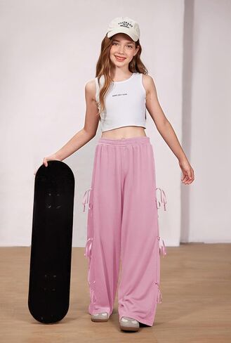 بنات كبيرة الخريف لطيف Bowknot الجانب الجانب فضفاض السراويل الترنك كتلة اللون واسعة الساق بنطلون وردي فاتح 13-14 سنة in Saudi Arabia