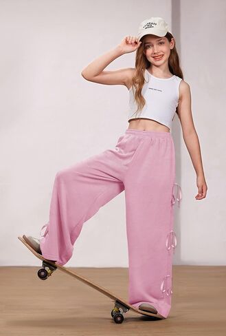 بنات كبيرة الخريف لطيف Bowknot الجانب الجانب فضفاض السراويل الترنك كتلة اللون واسعة الساق بنطلون وردي فاتح 13-14 سنة in Saudi Arabia