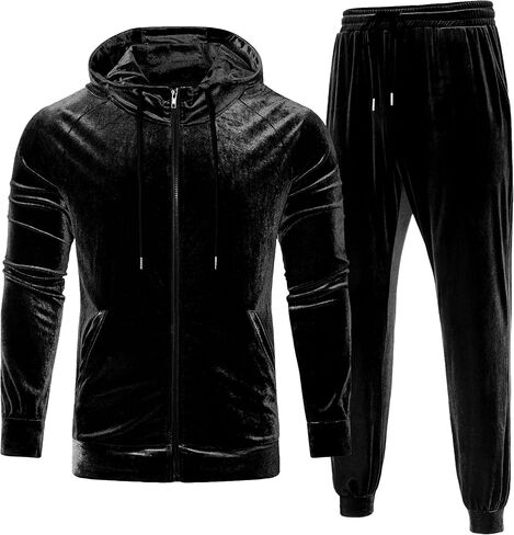 LecGee Men's 2 Piece Velvet Tracksuit Full Zip Turtleneck Hooded Jacket and Casual Jogger Pants Matching Velour Sweatsuit Set in Saudi Arabia