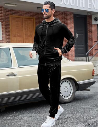 LecGee Men's 2 Piece Velvet Tracksuit Full Zip Turtleneck Hooded Jacket and Casual Jogger Pants Matching Velour Sweatsuit Set in Saudi Arabia