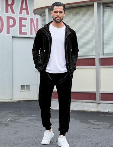LecGee Men's 2 Piece Velvet Tracksuit Full Zip Turtleneck Hooded Jacket and Casual Jogger Pants Matching Velour Sweatsuit Set in Saudi Arabia