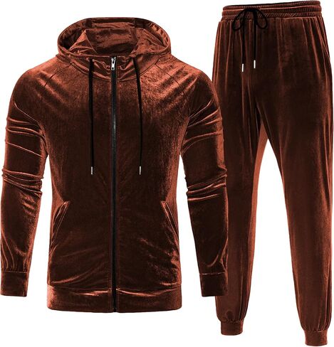 LecGee Men's 2 Piece Velvet Tracksuit Full Zip Turtleneck Hooded Jacket and Casual Jogger Pants Matching Velour Sweatsuit Set in Saudi Arabia