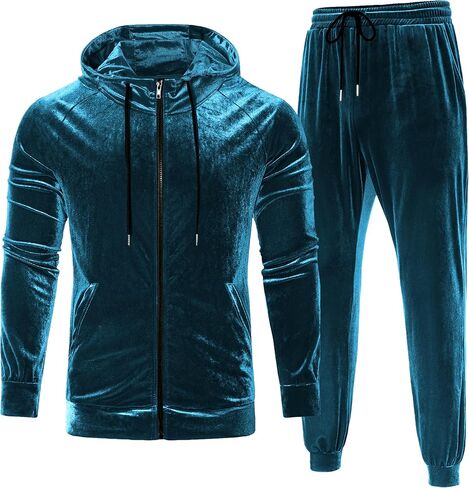 LecGee Men's 2 Piece Velvet Tracksuit Full Zip Turtleneck Hooded Jacket and Casual Jogger Pants Matching Velour Sweatsuit Set in Saudi Arabia