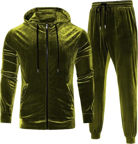 LecGee Men's 2 Piece Velvet Tracksuit Full Zip Turtleneck Hooded Jacket and Casual Jogger Pants Matching Velour Sweatsuit Set in Saudi Arabia